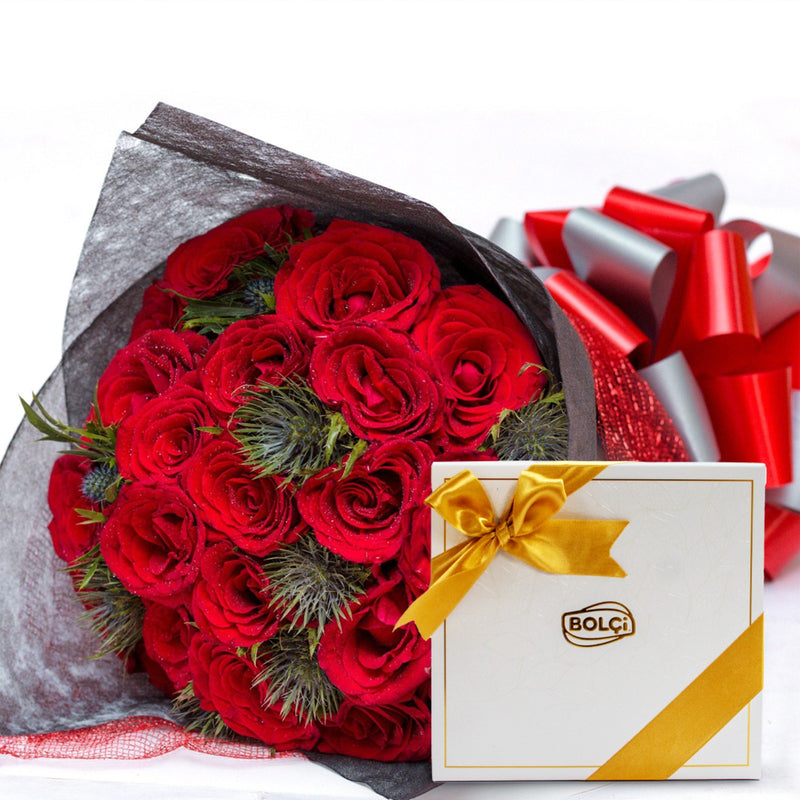 Seductive Red Roses Bouquet X Bolci Special White & Gold Ribbon Gift Box 230g