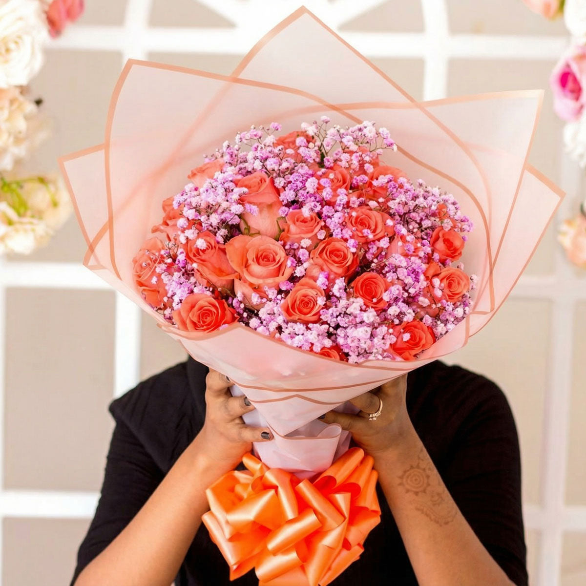 Orange Roses & Pink Baby's Breath Bouquet – Purpink Gifts Ltd
