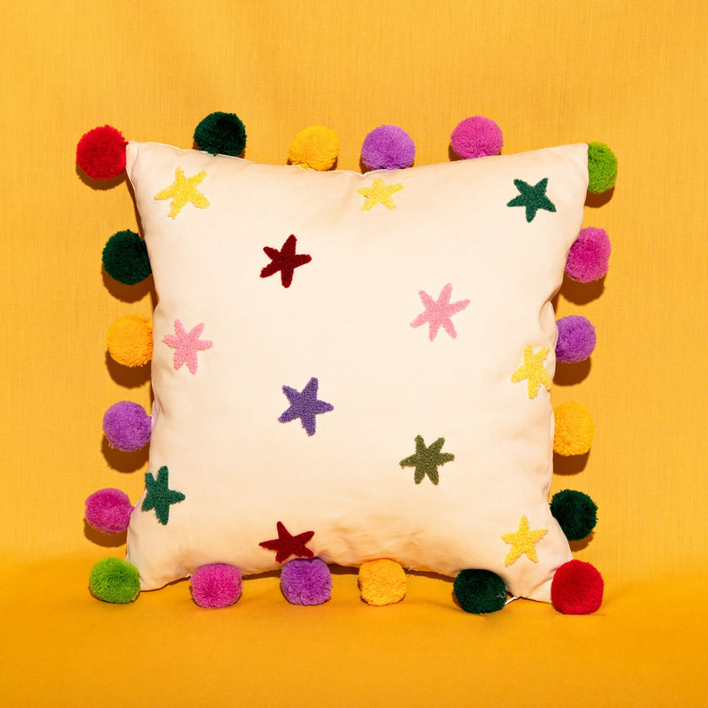 Raspberry Blossom Tufted Stars Cushion With Pompoms