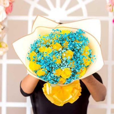 Yellow Roses and Blue Baby's Breath Bouquet