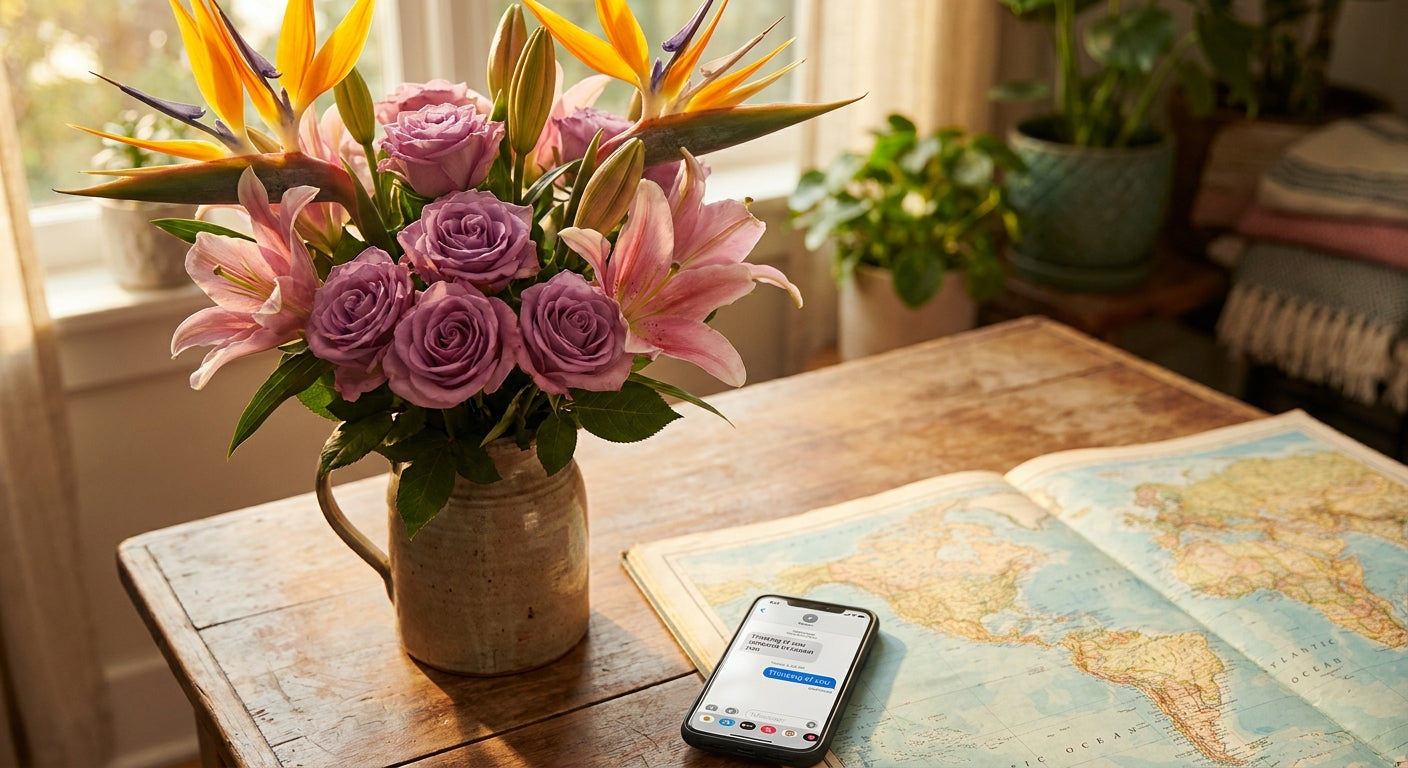 A colorful flower bouquet placed beside a world map and smartphone, symbolizing sending flowers from abroad to loved ones in Kenya.