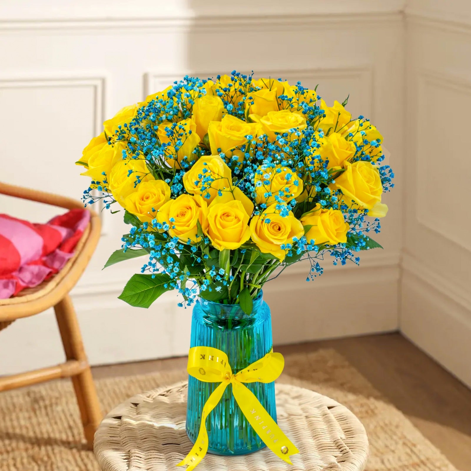 Yellow Roses and Blue Baby's Breath Bouquet