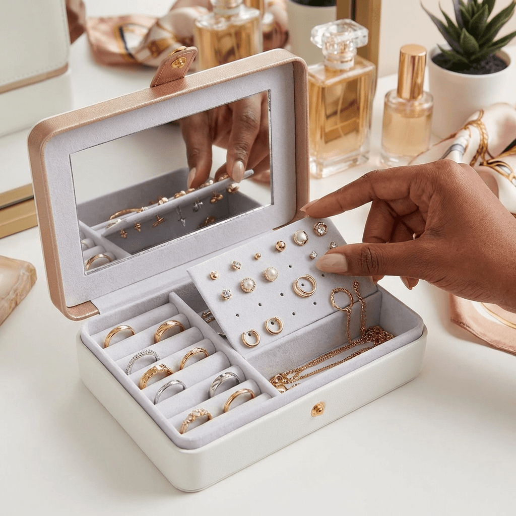 EQ Rectangle Jewellery Box with Mirror – White & Rose Gold