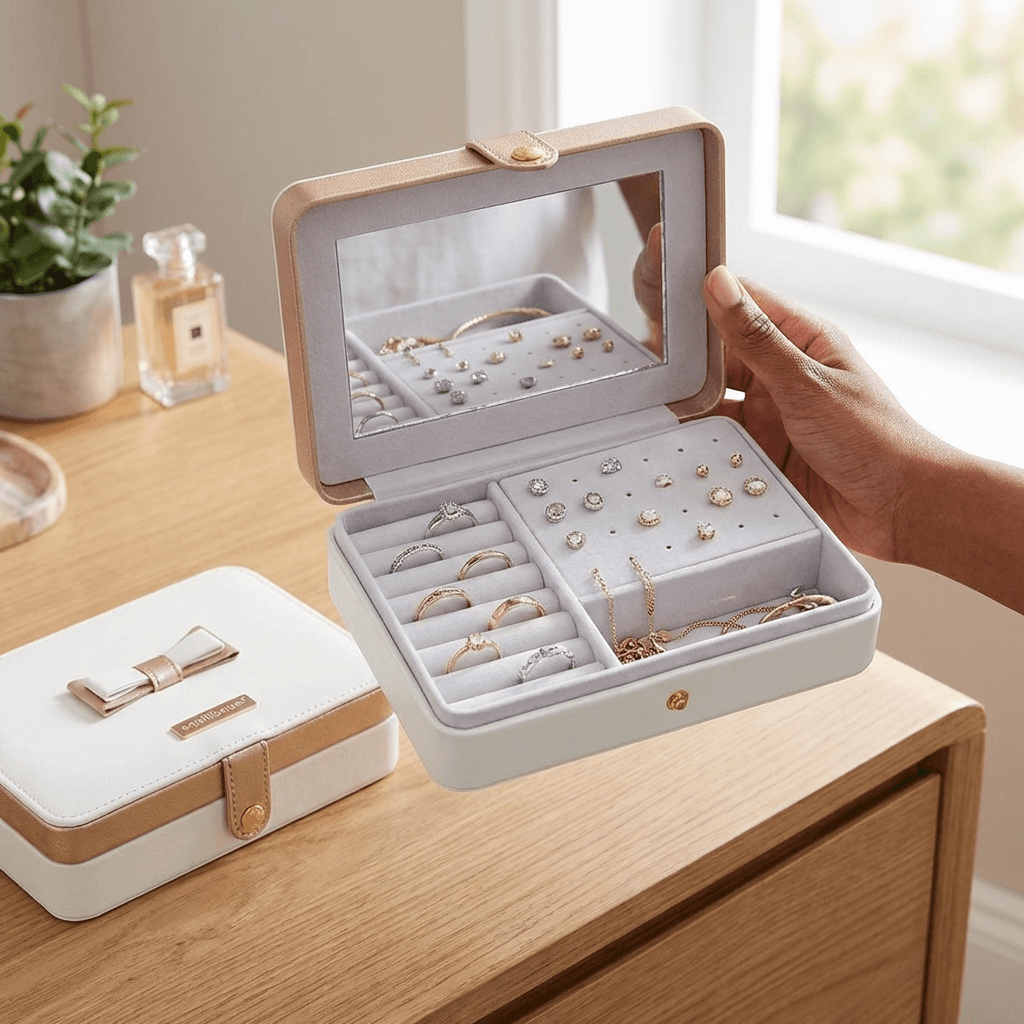 EQ Rectangle Jewellery Box with Mirror – White & Rose Gold