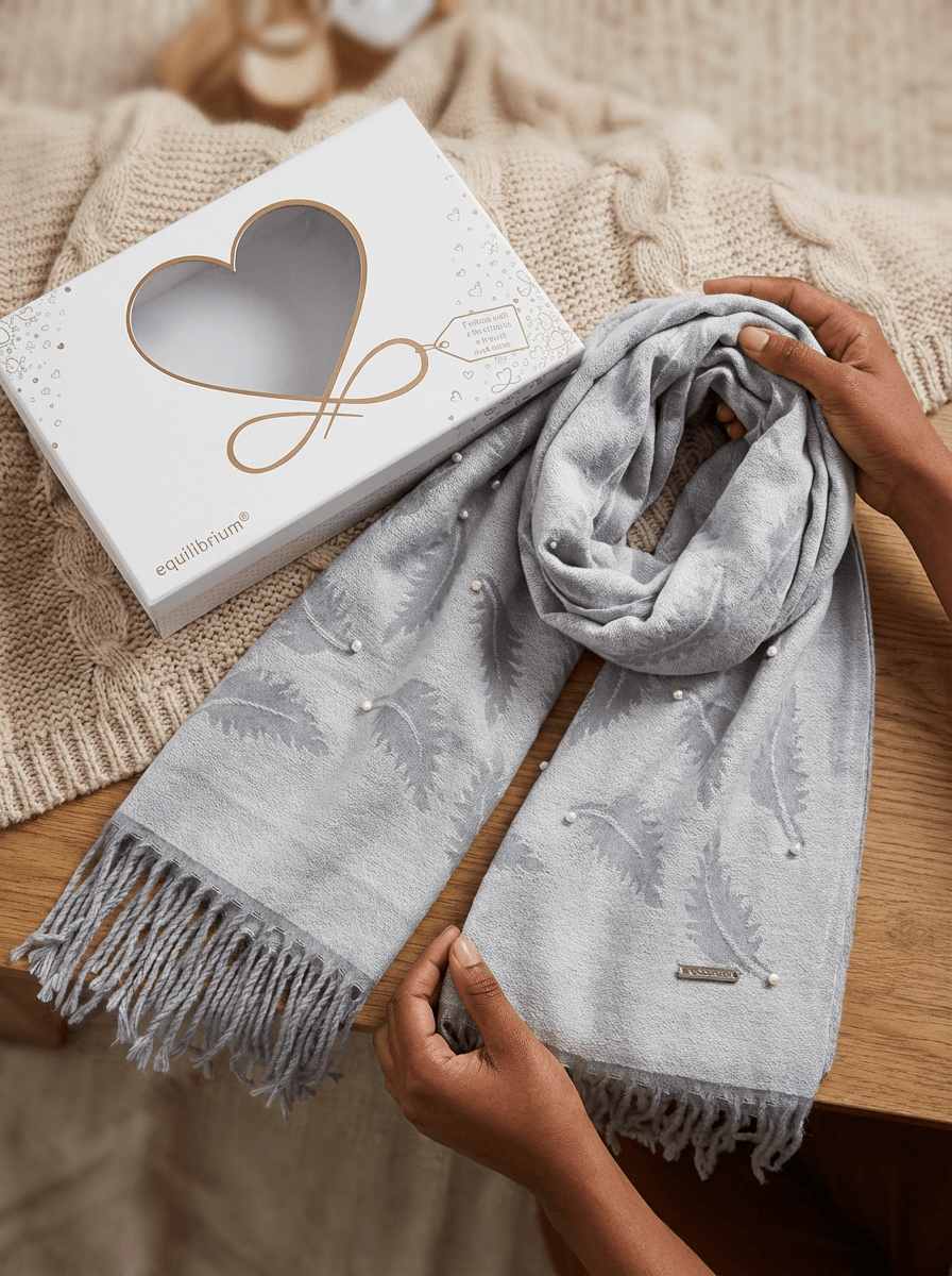 Gray scarf with fringe held by hands on a wooden surface, with a branded box in the background.