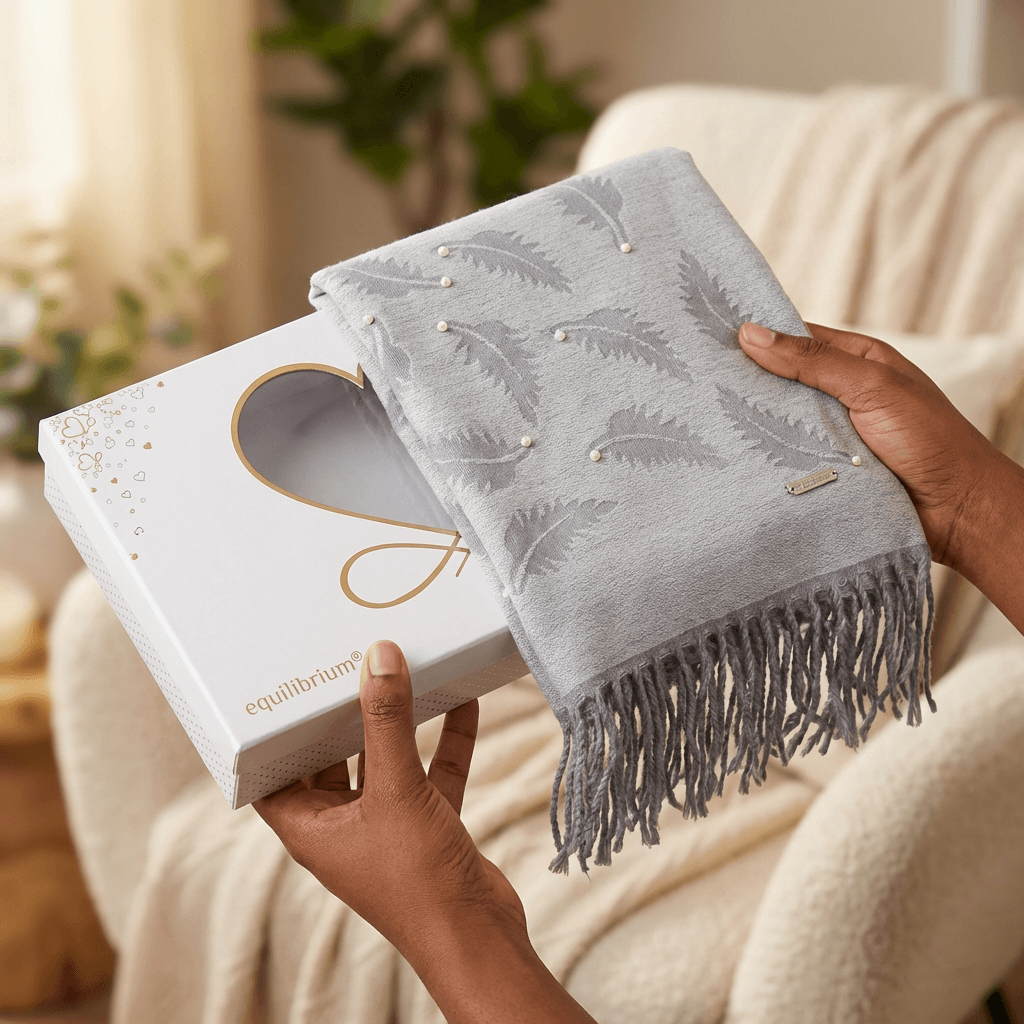 Person holding a gray patterned blanket with fringes over a white box, with a blurred indoor background.