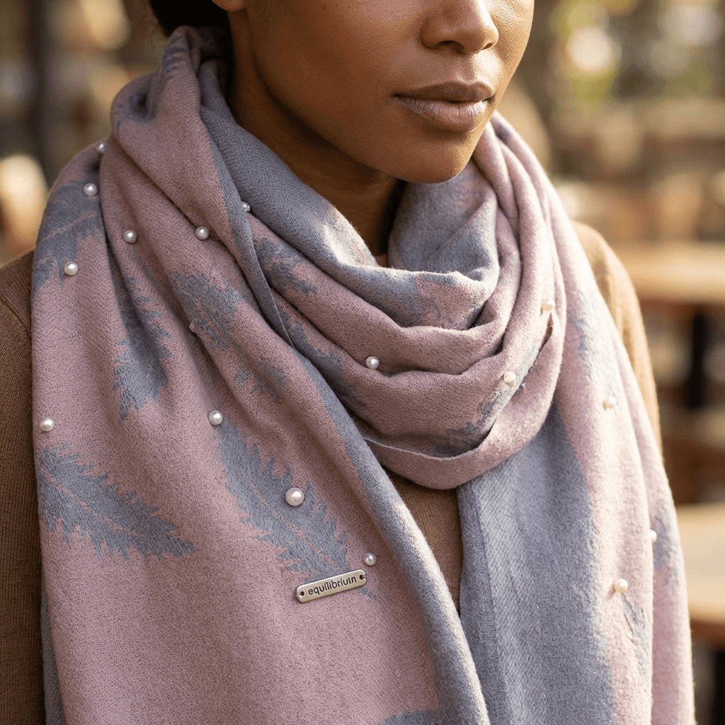 Person wearing a patterned scarf with pearl embellishments, brand visible.