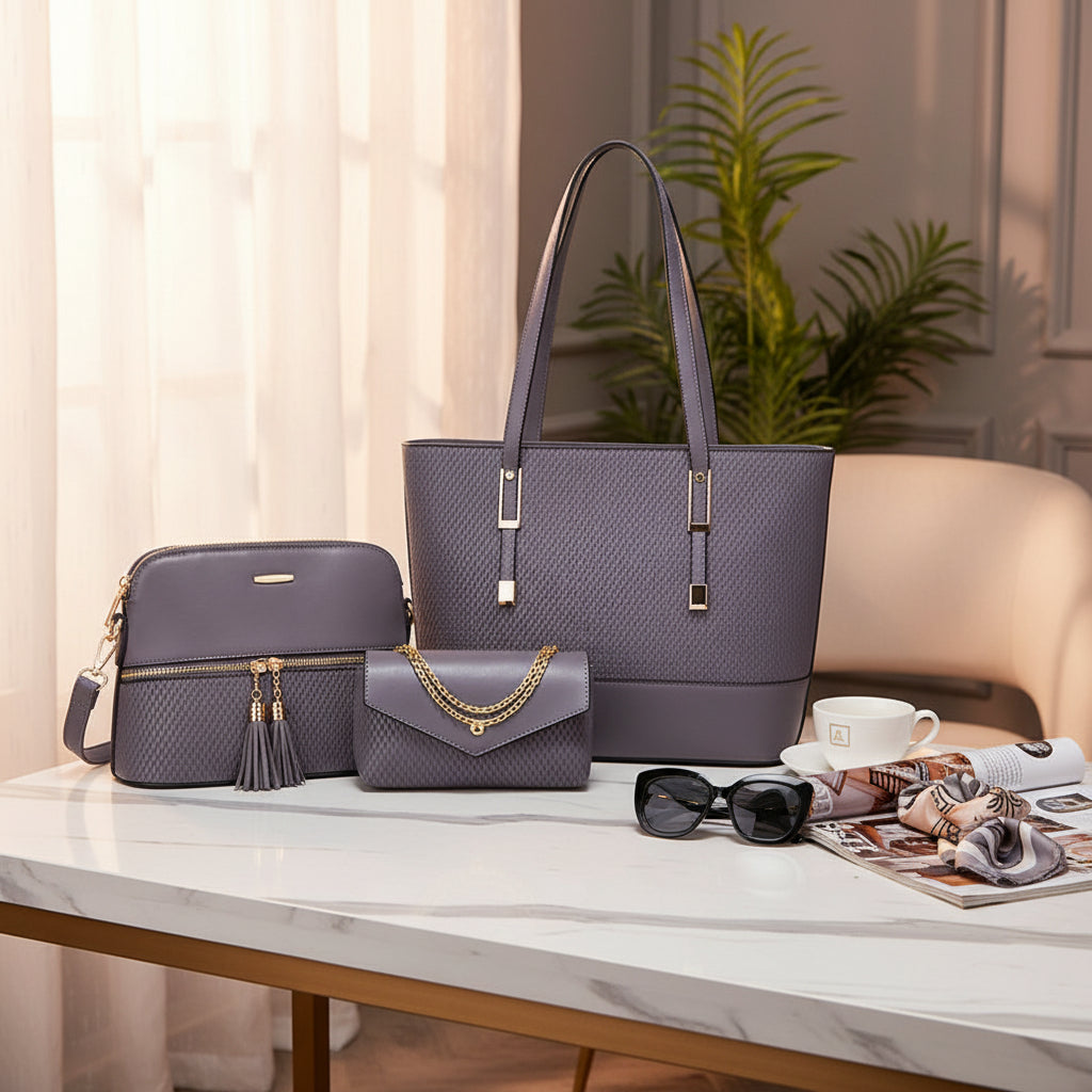 3-Piece Women’s PU Leather Women Handbag Set / Tote, Shoulder Bag & Wallet with Top Handles – 38 × 12 × 27 cm