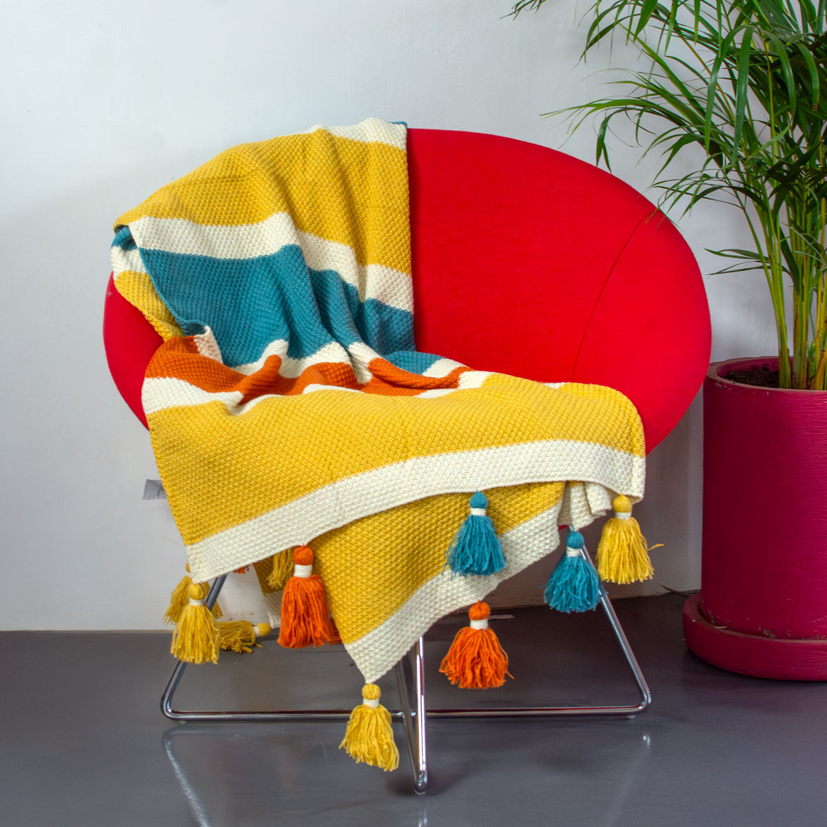 Multicolor Tassel Knitted Throw Blanket