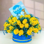 Breath of Bliss Flower Basket – Yellow Roses & Baby Boy Gift Arrangement
