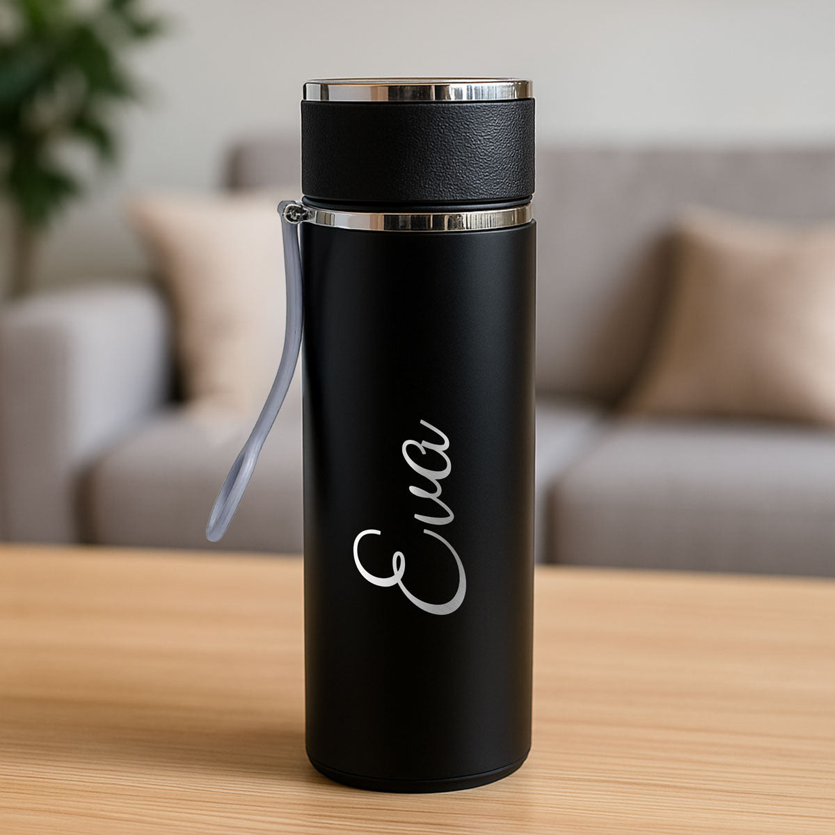 Personalised Black Thermos with Tea Infuser