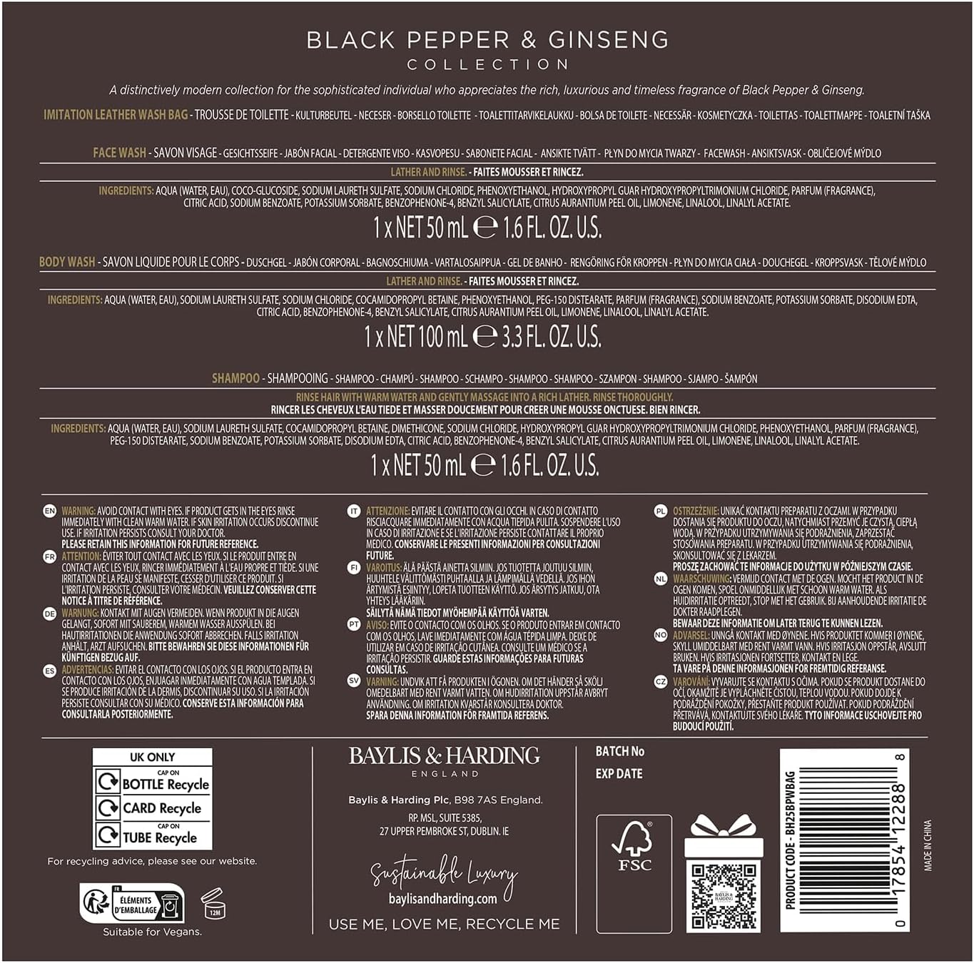 Baylis & Harding Signature Collection Black Pepper & Ginseng Essentials Travel Bag