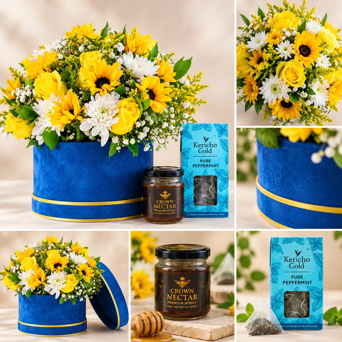 Brighten Your Day Bloom Box – Flowers, Honey & Peppermint Tea Gift