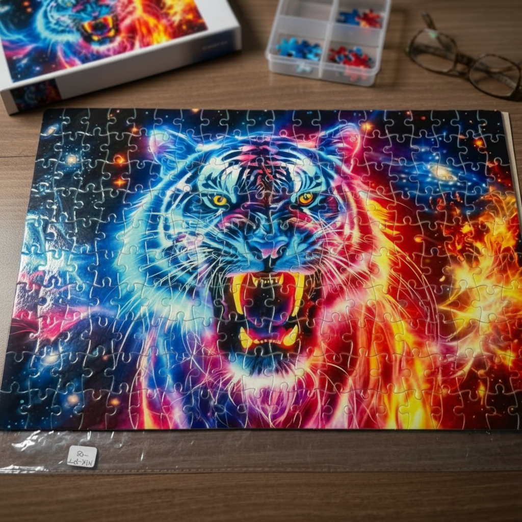 Colorful tiger puzzle on a wooden table with a completed section.