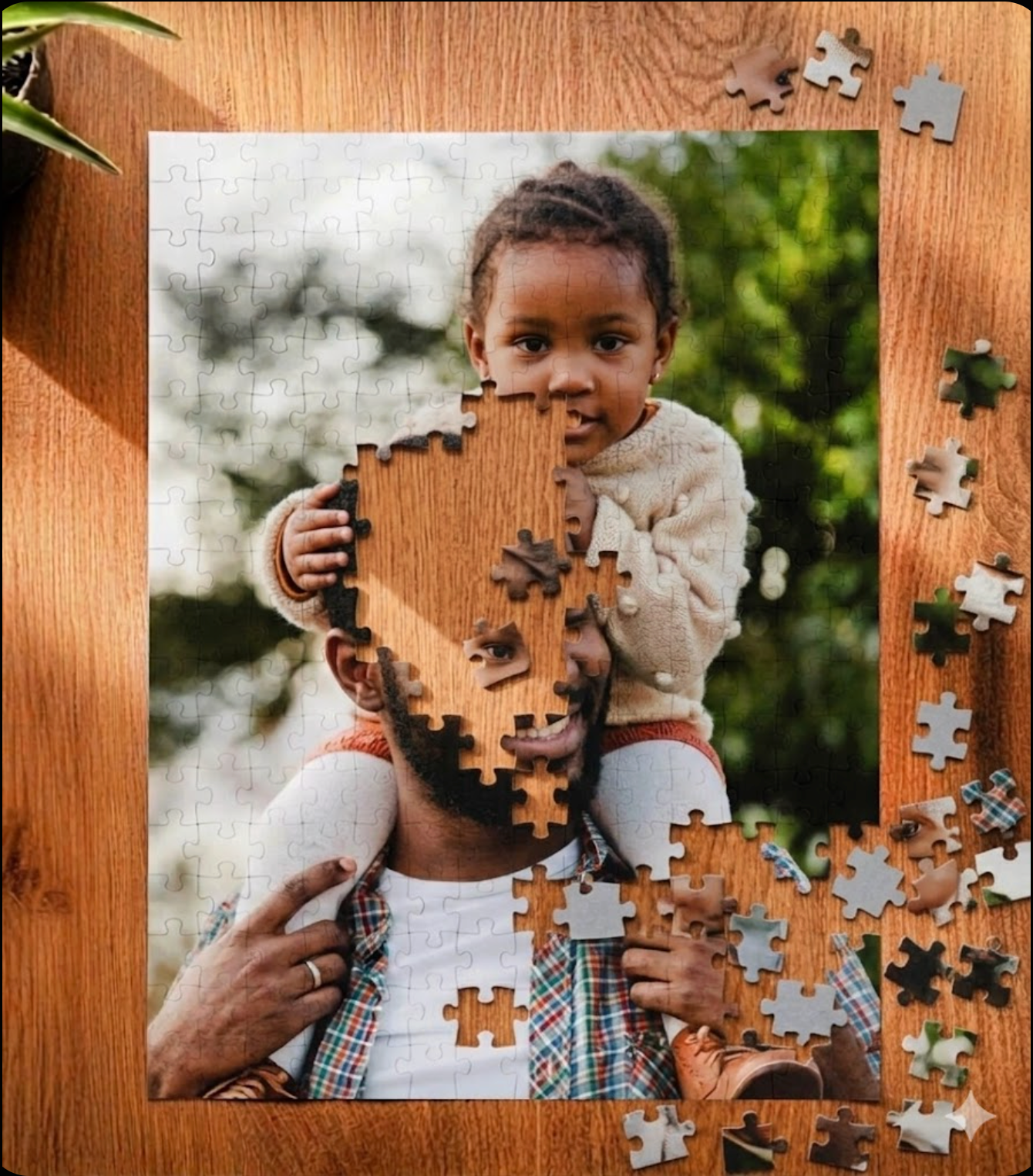 Wooden puzzle with a photo of a child and an adult, framed by additional puzzle pieces.