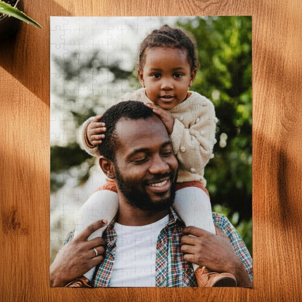 Jigsaw puzzle with a photo of a man and a child on a wooden surface