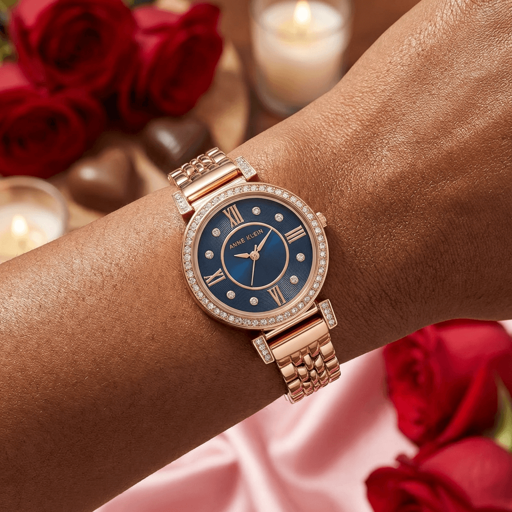 Anne Klein Rose Gold Crystal Bracelet Watch with Navy Dial