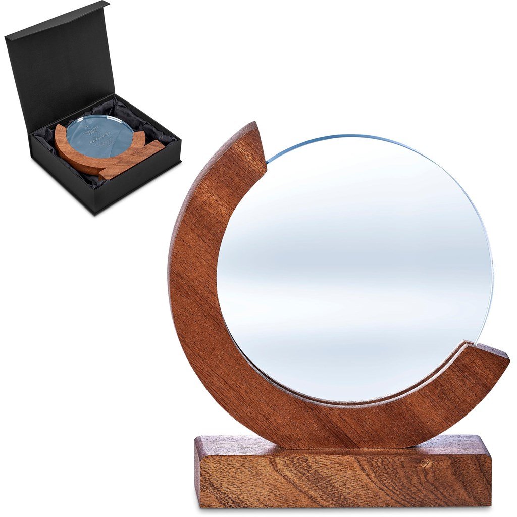 Altitude Reverence 7.9" Optical Glass & Wooden Base Engraved Recognition Award