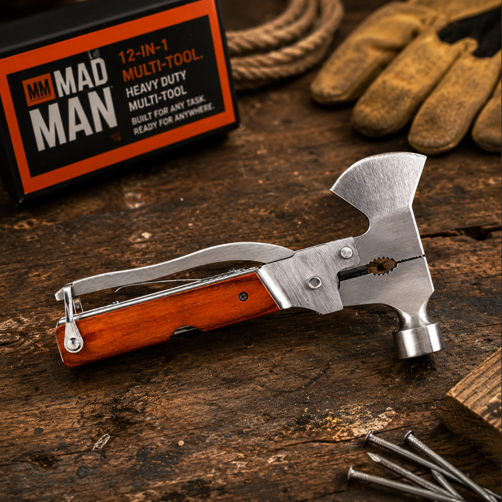 Multi-tool with wooden handle on a rustic wooden surface, surrounded by tools and packaging.