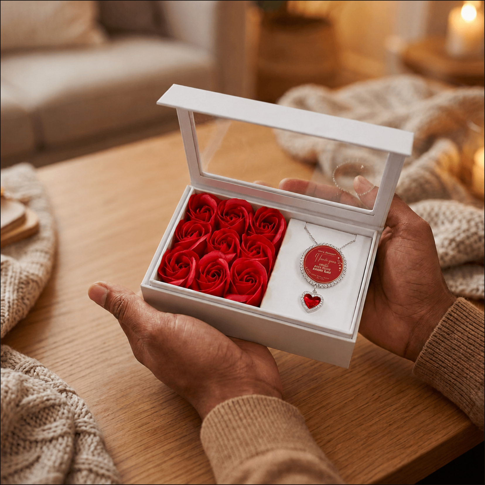 Valentine's Day gift set with red roses and a necklace in a white box.
