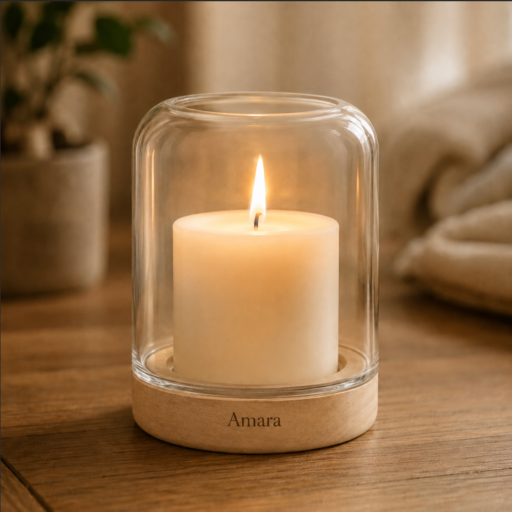 Candle holder styled with a lit candle