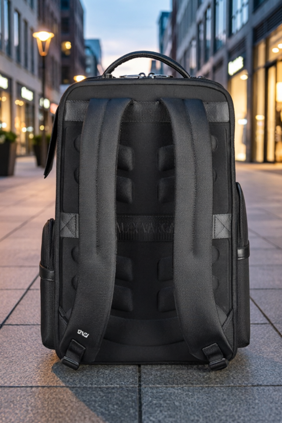 Black backpack on a city street with buildings in the background