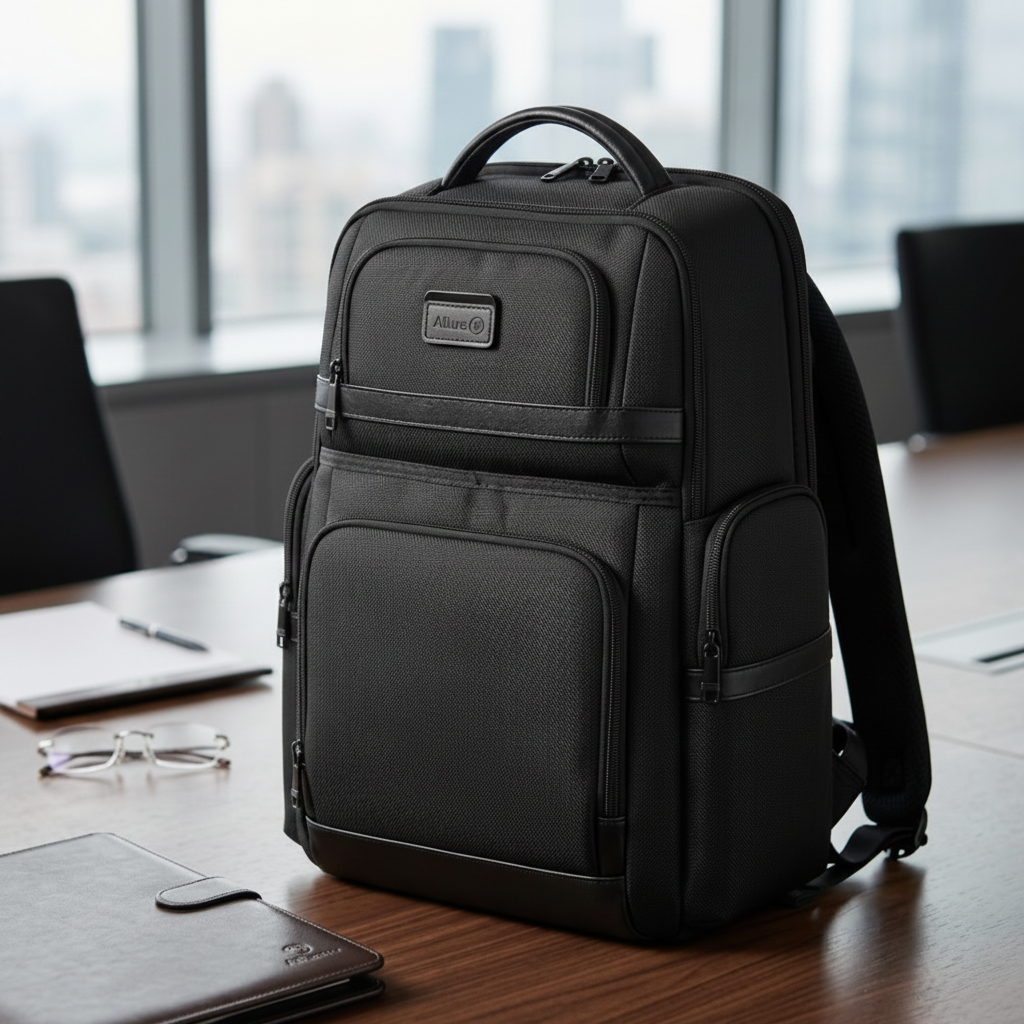 Black backpack on a desk in an office setting