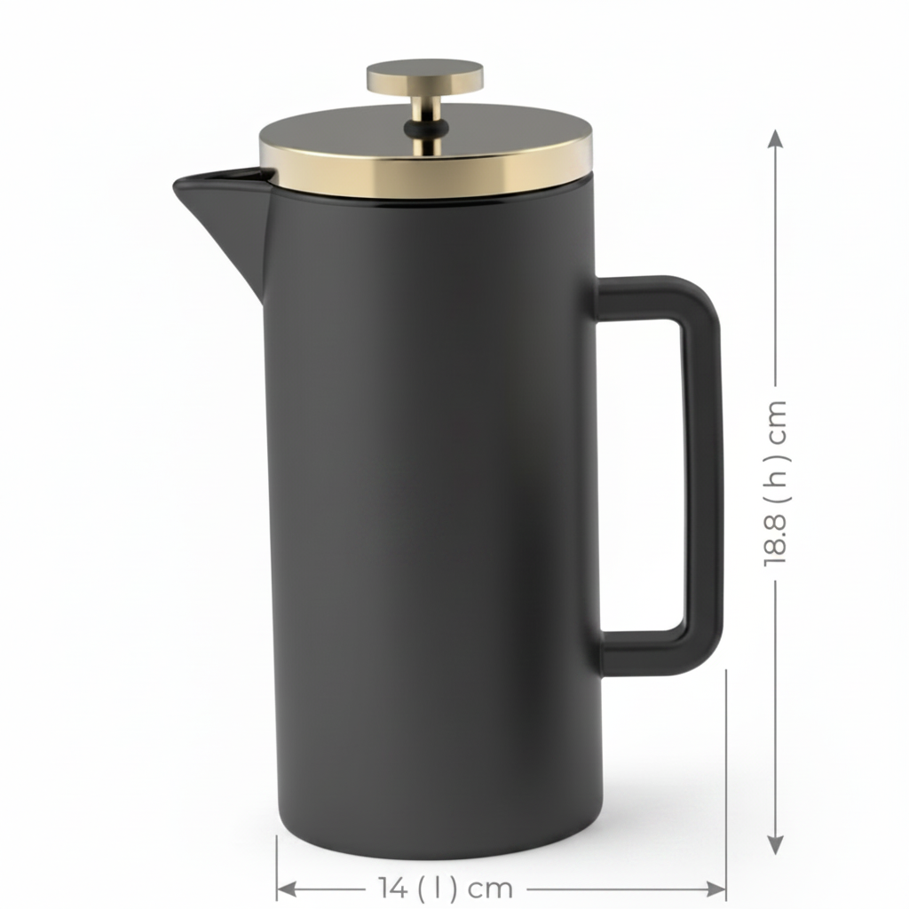 Black coffee press with gold lid and Ascenza branding, shown with dimensions on a white background.