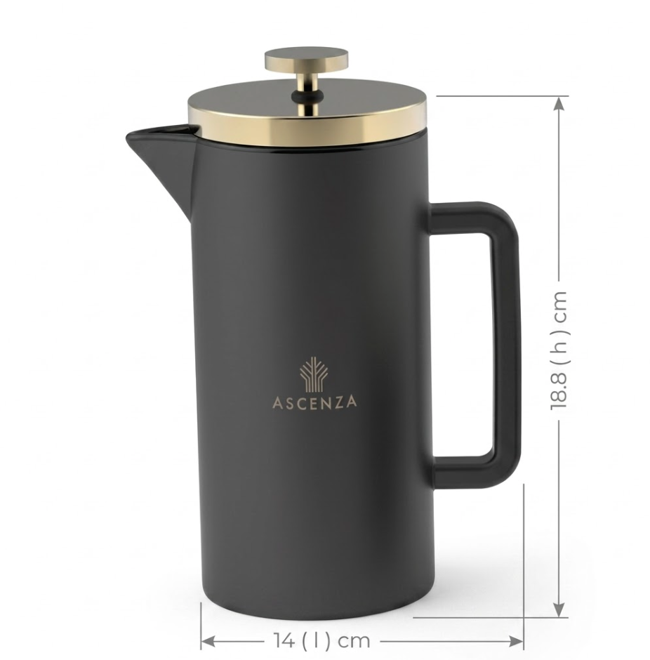 Black coffee press with gold lid and Ascenza branding, shown with dimensions on a white background.