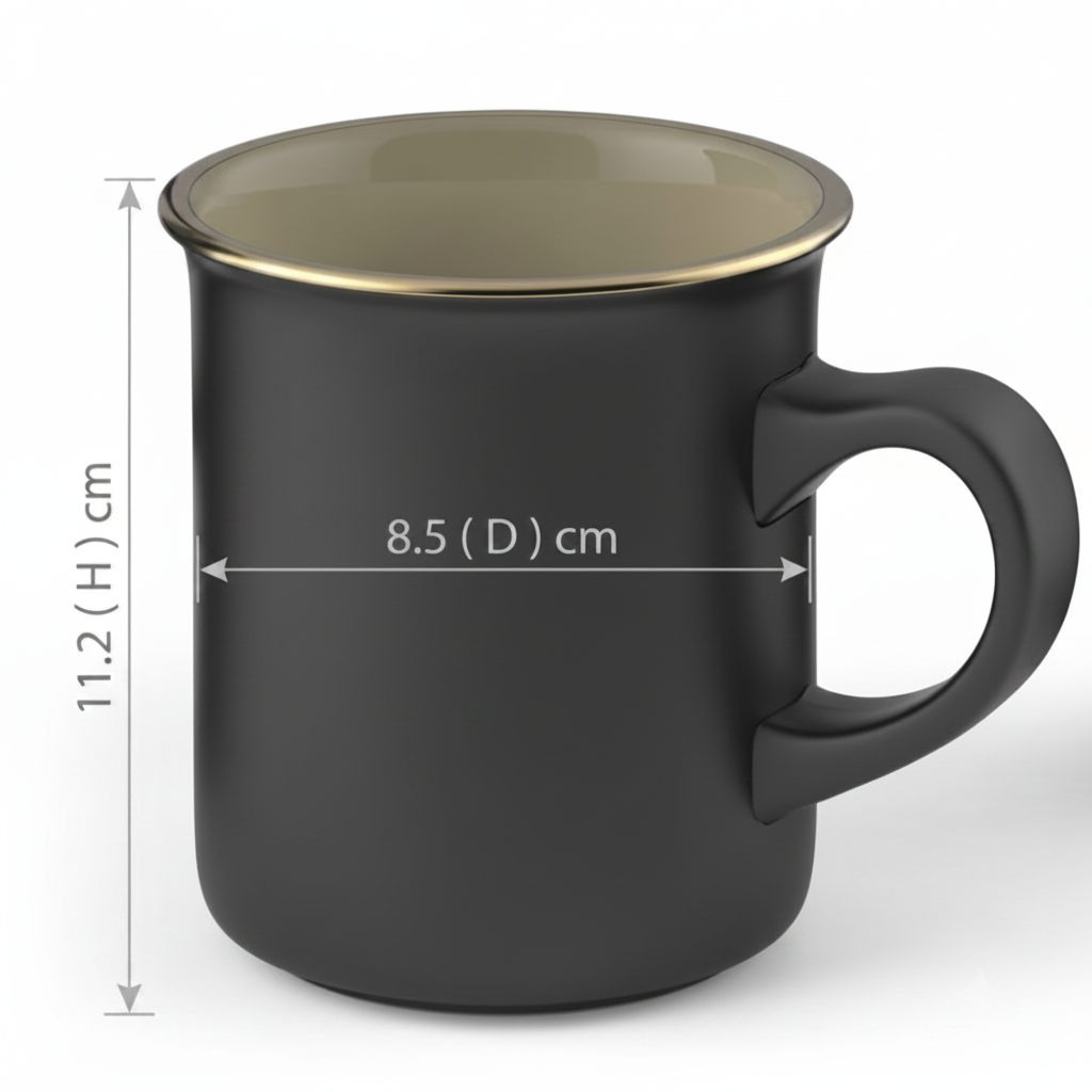 Black mug with gold interior, dimensions labeled, and Ascenza logo.
