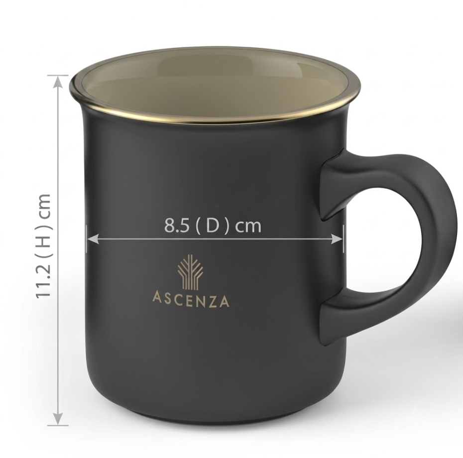 Black mug with gold interior, dimensions labeled, and Ascenza logo.