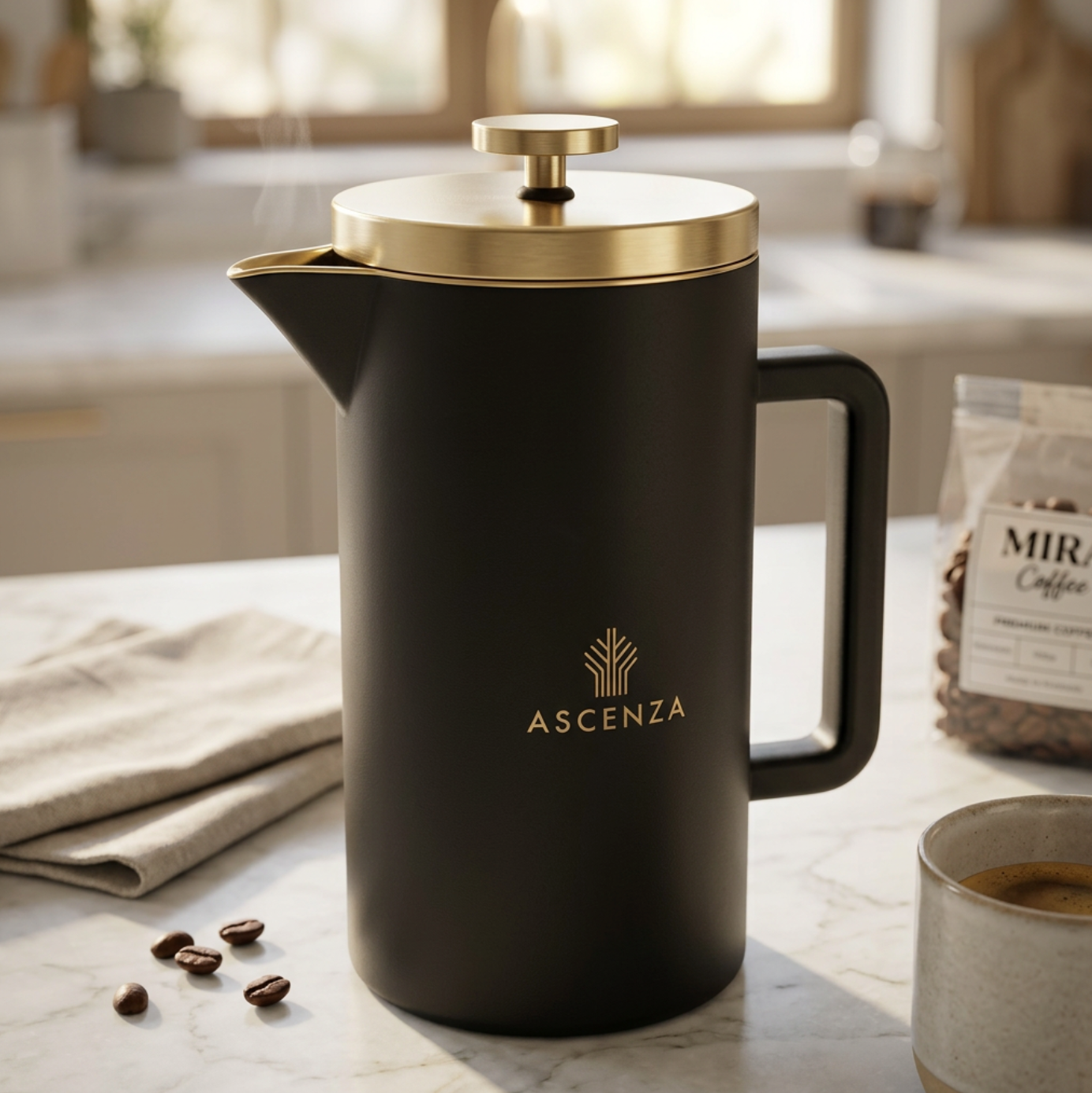 Black coffee press with gold lid on a marble surface, featuring the Ascenza brand.