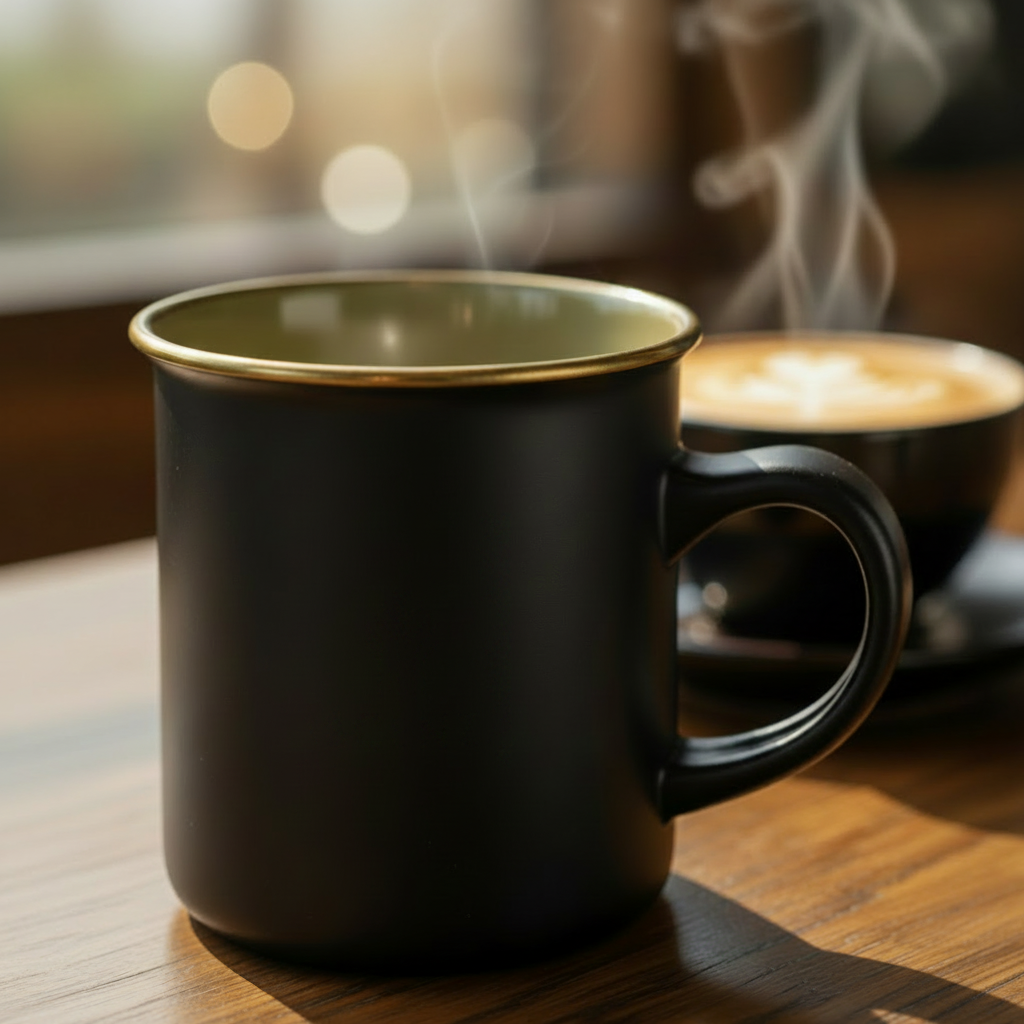 Black mug with 'Ascenza' logo on a wooden surface with steam in the background