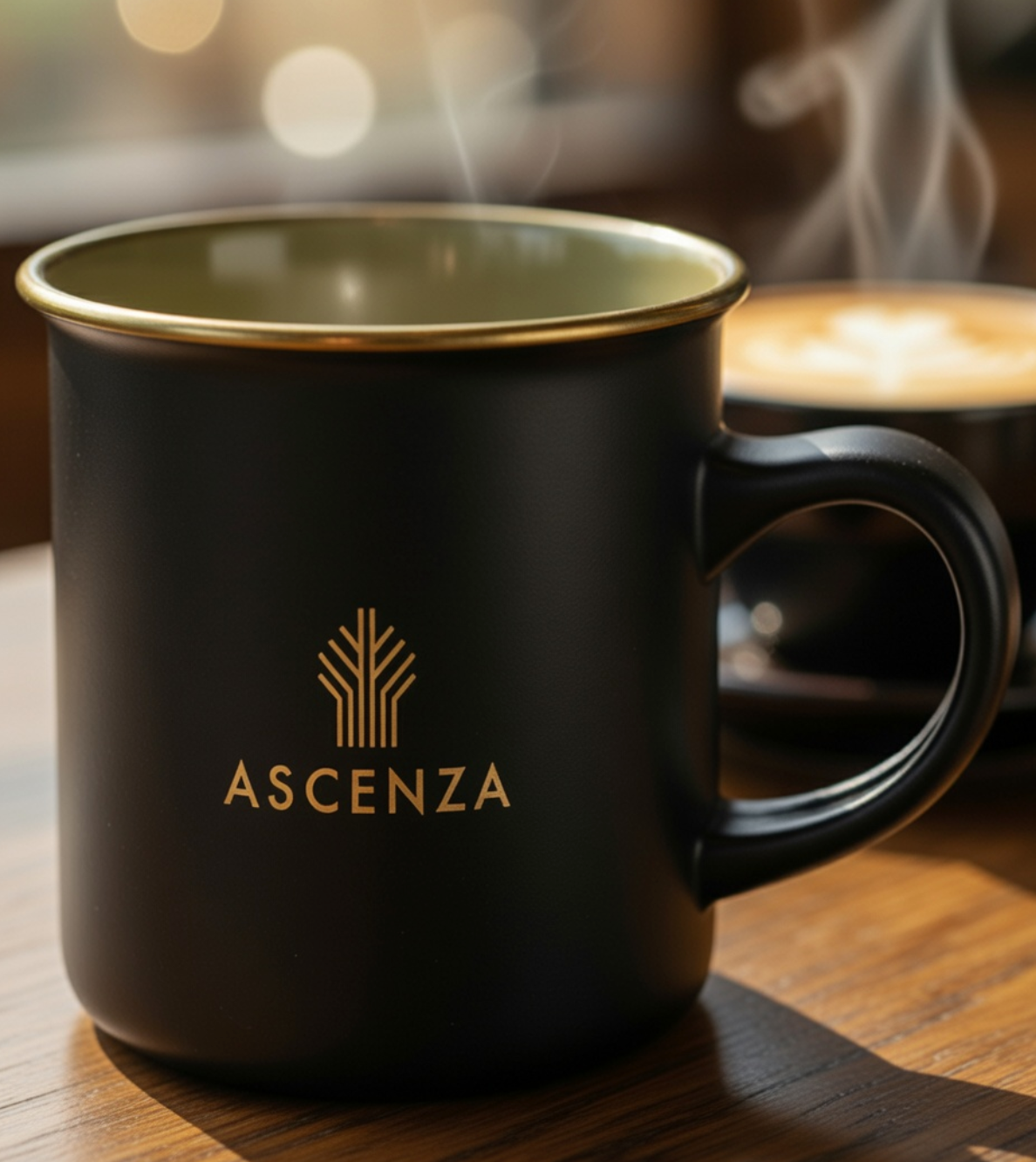 Black mug with 'Ascenza' logo on a wooden surface with steam in the background