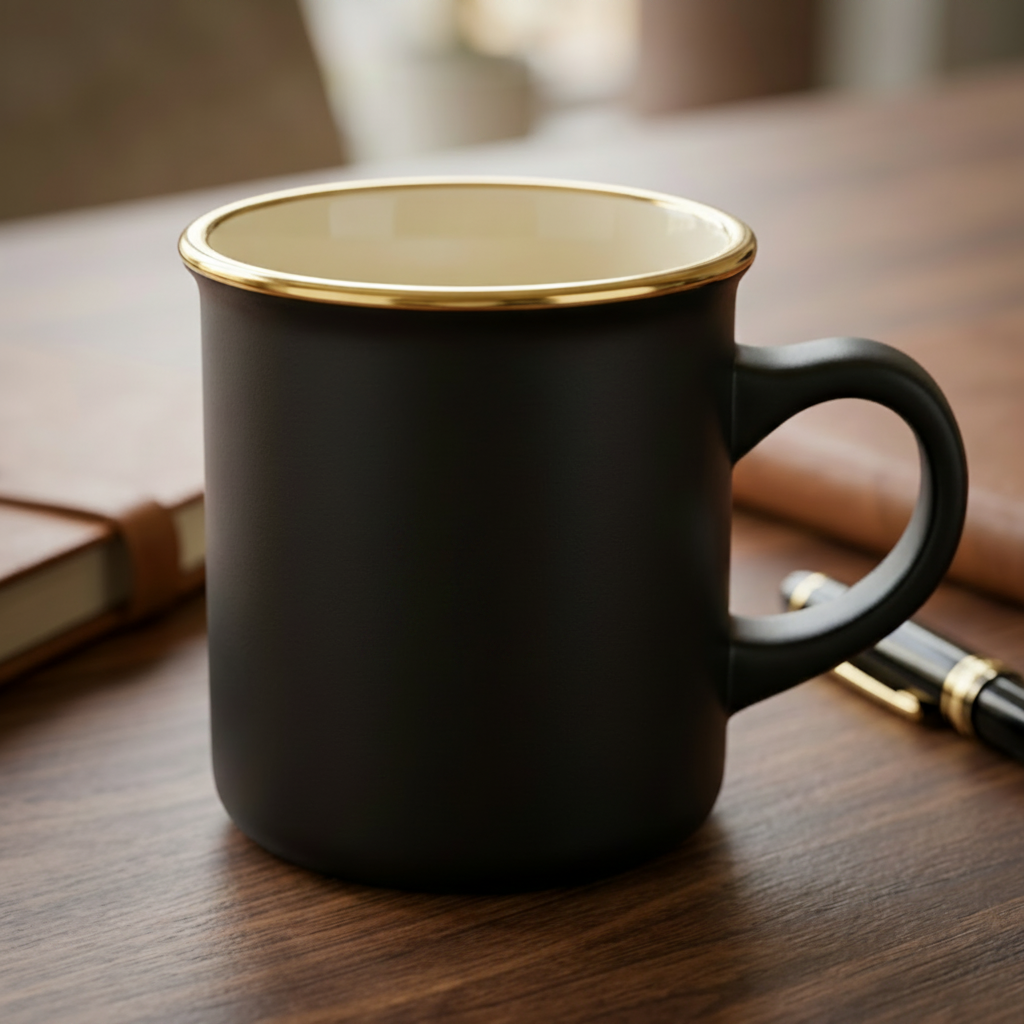 Black mug with gold rim and 'Ascenza' logo on a wooden surface