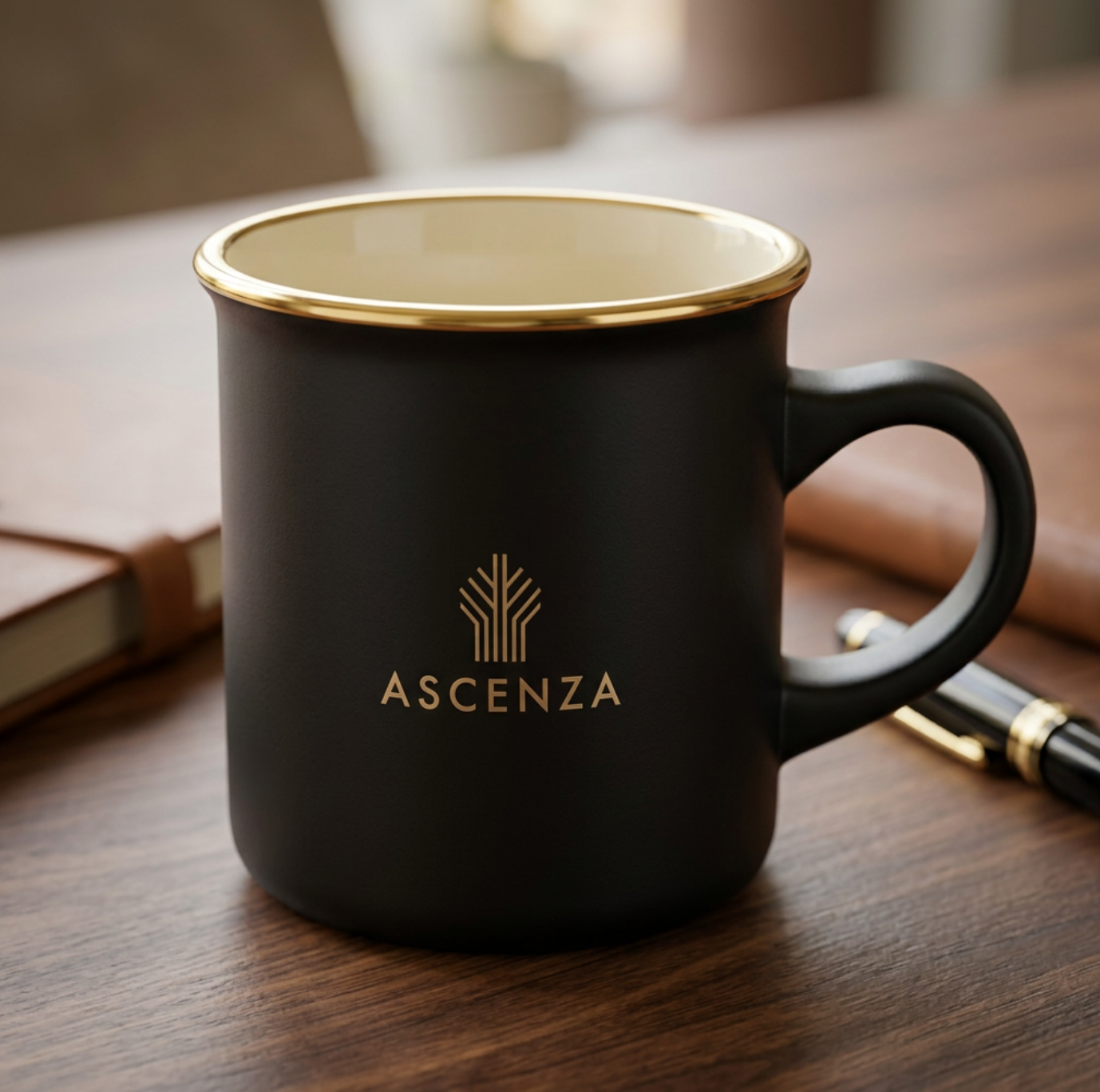 Black mug with gold rim and 'Ascenza' logo on a wooden surface