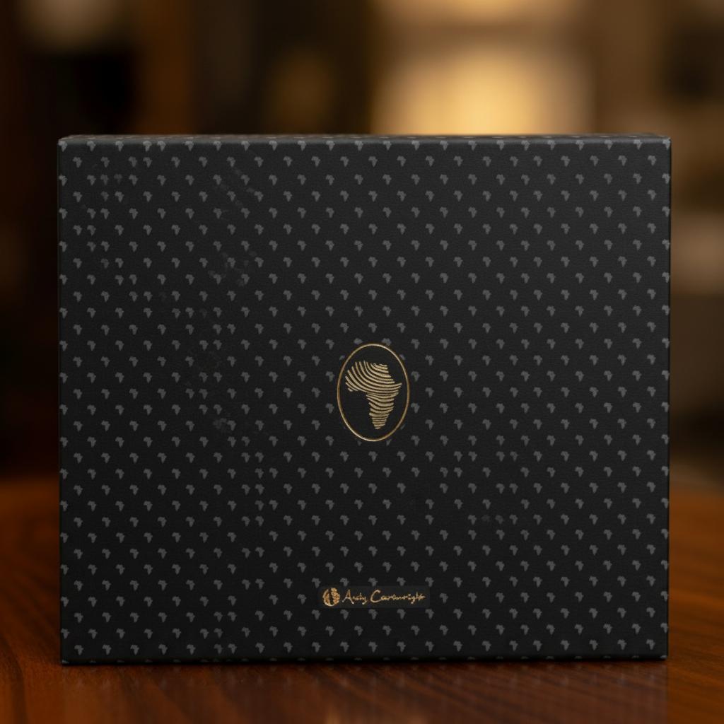 Black box with gold patterns and logo on a wooden surface