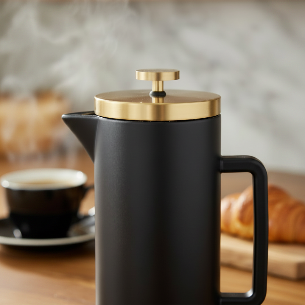 Black coffee press with gold lid on a wooden surface, featuring the Ascenza brand.