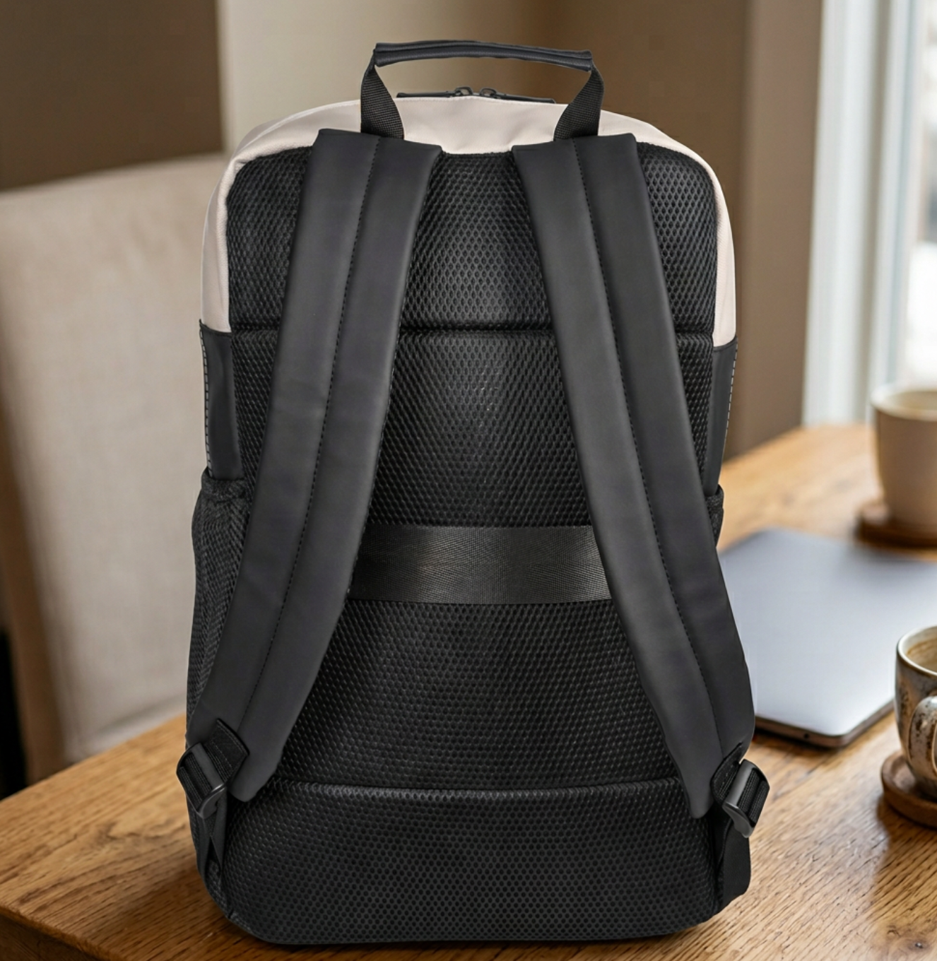 Black backpack on a wooden surface with a blurred background