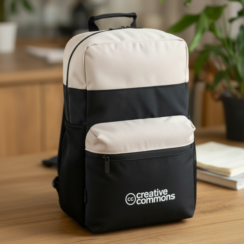 Black and beige backpack with 'Creative Commons' logo on a wooden surface.