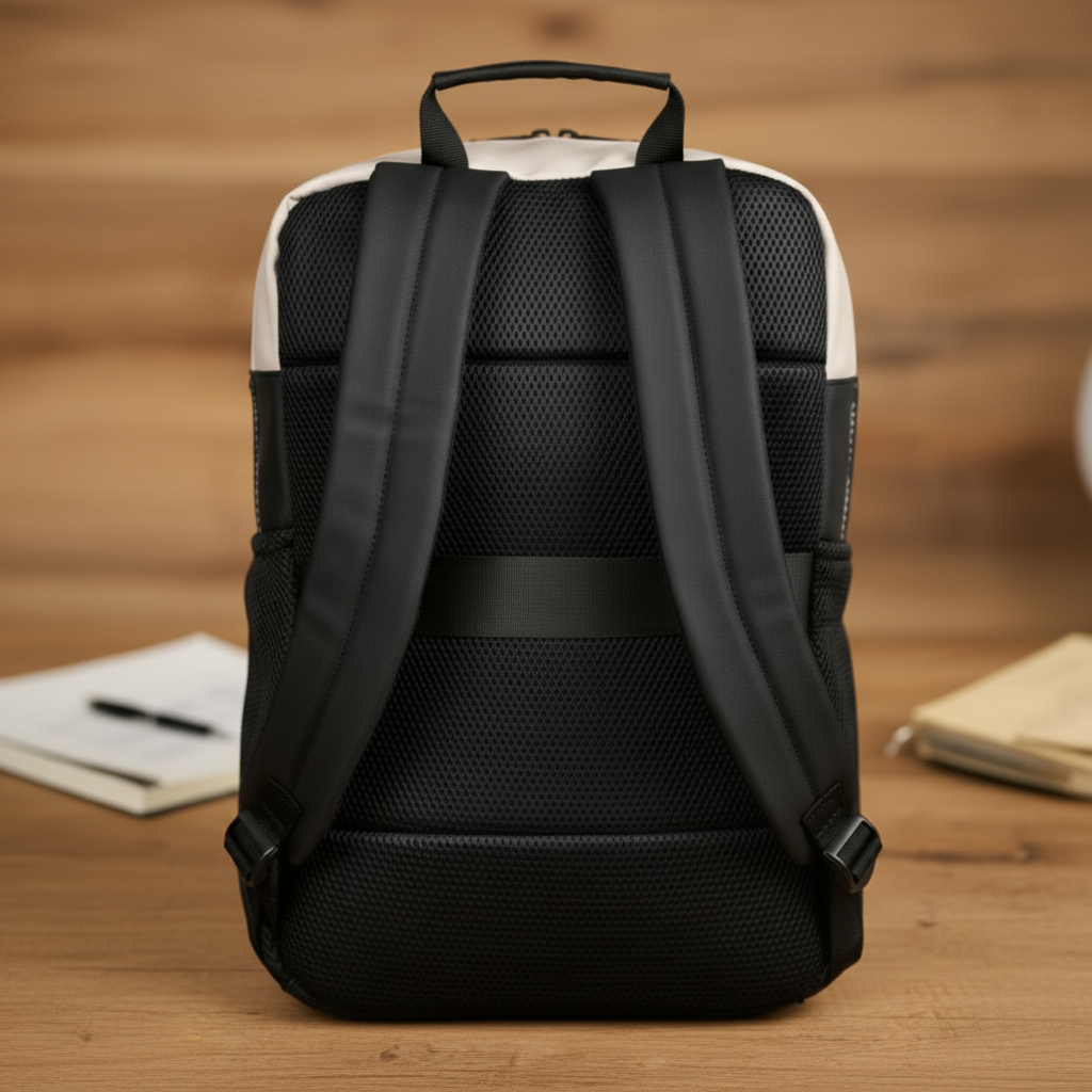 Black backpack with white top on a wooden surface