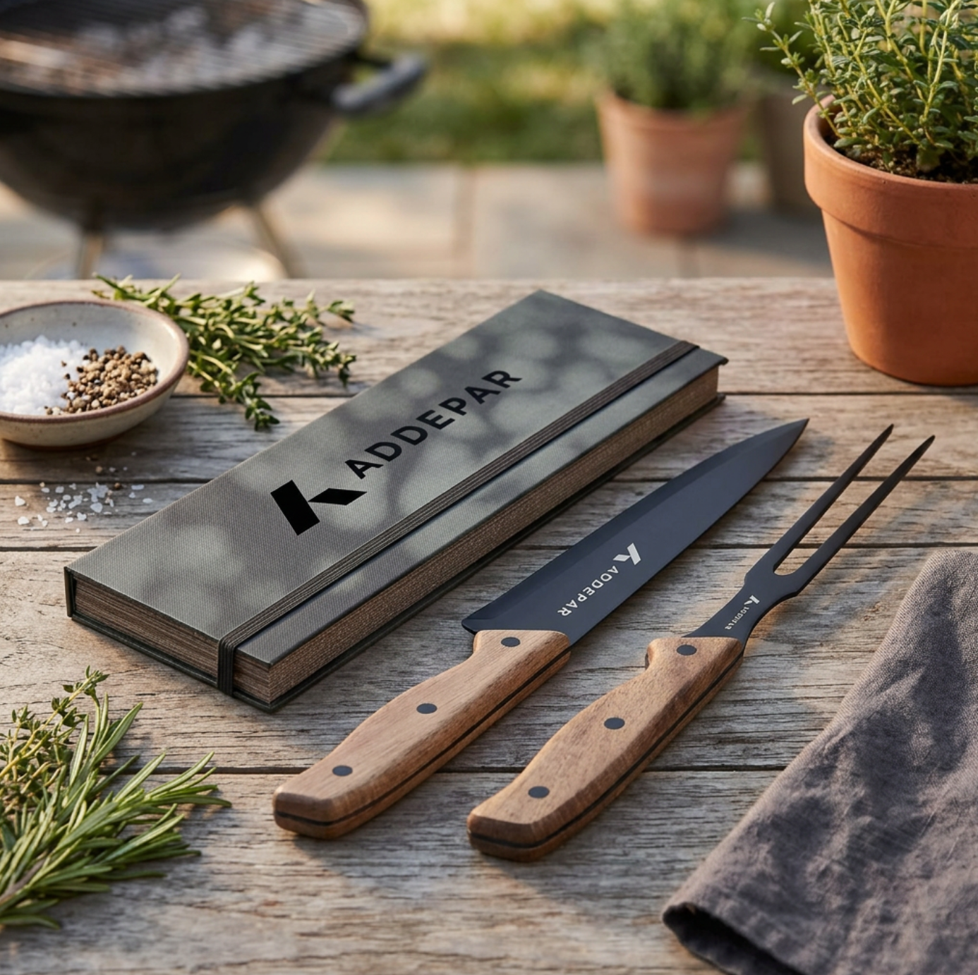 Grill tools with wooden handles and a branded stone on a wooden table outdoors.