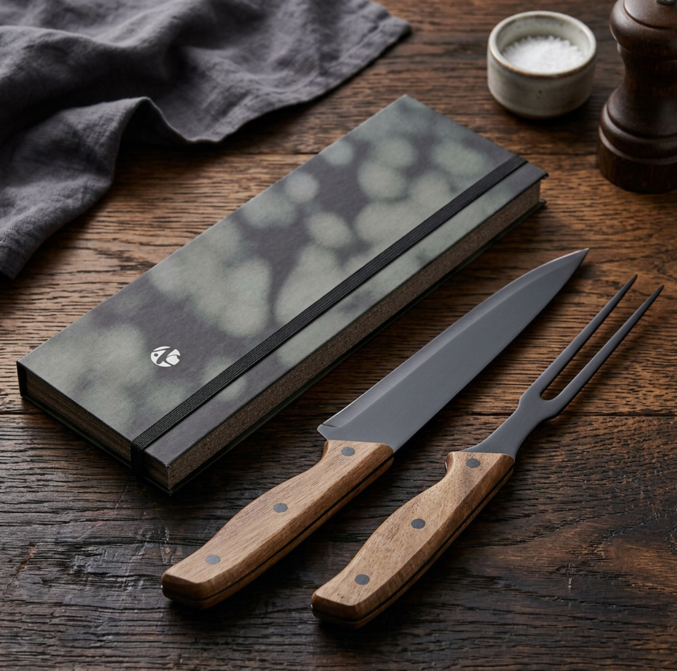 Knife and fork set with wooden handles on a wooden surface, next to a stone and salt container.