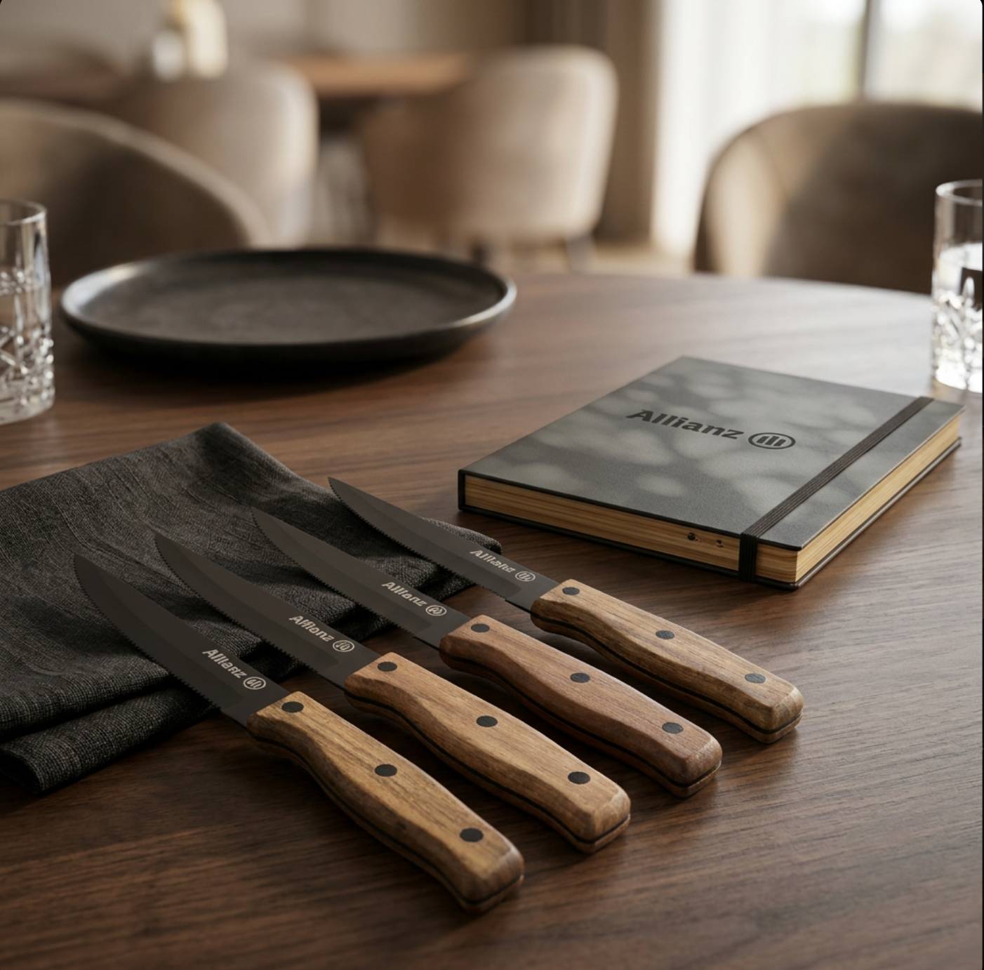 Set of steak knives with wooden handles on a table next to a notebook.