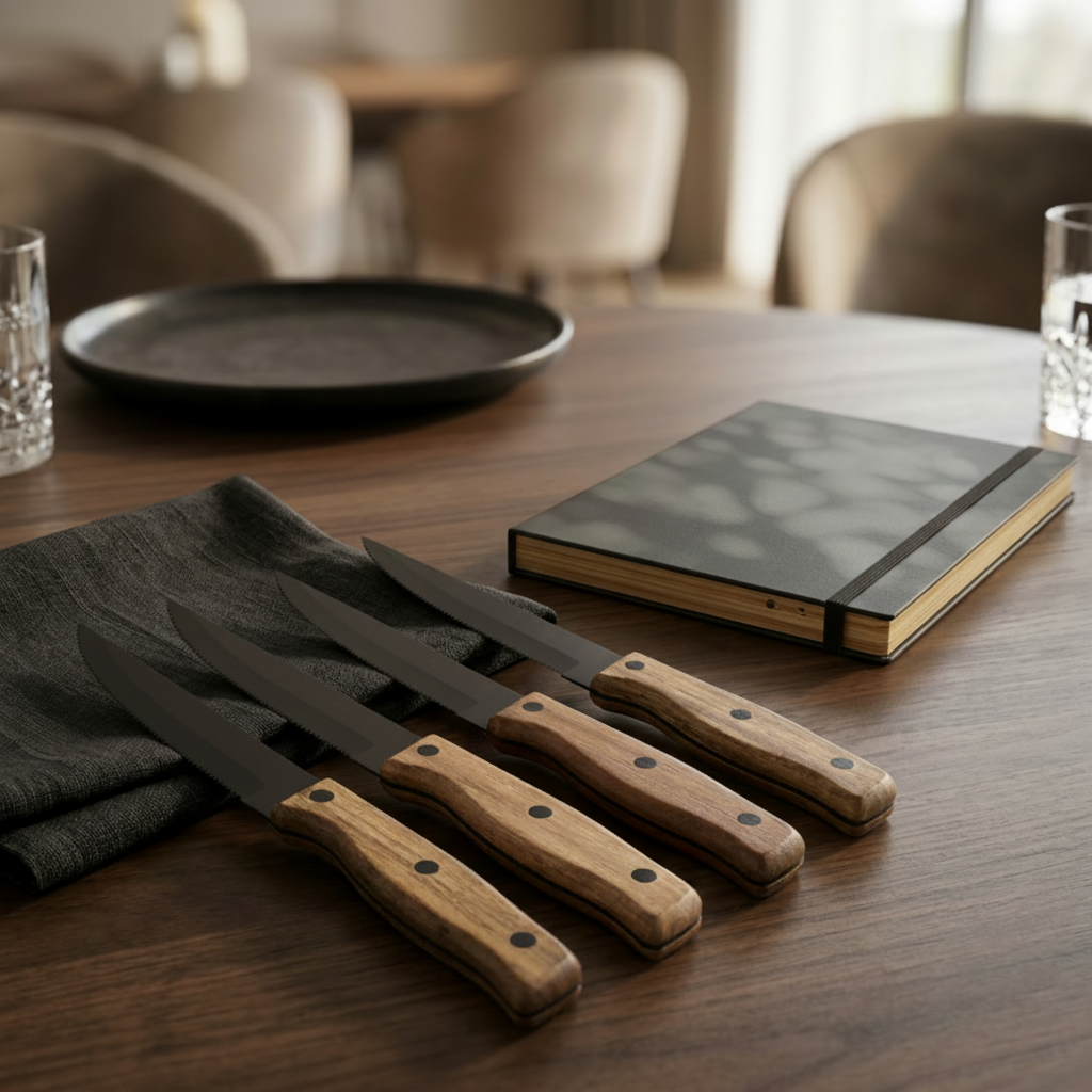 Set of steak knives with wooden handles on a table next to a notebook.