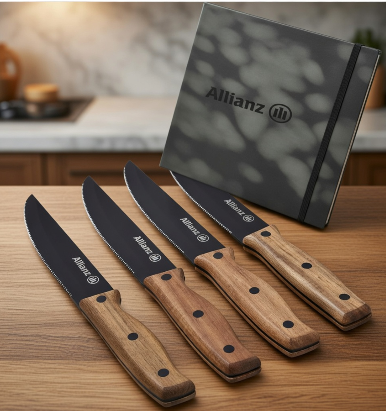 Set of four knives with wooden handles on a wooden surface, Allianz logo in the background