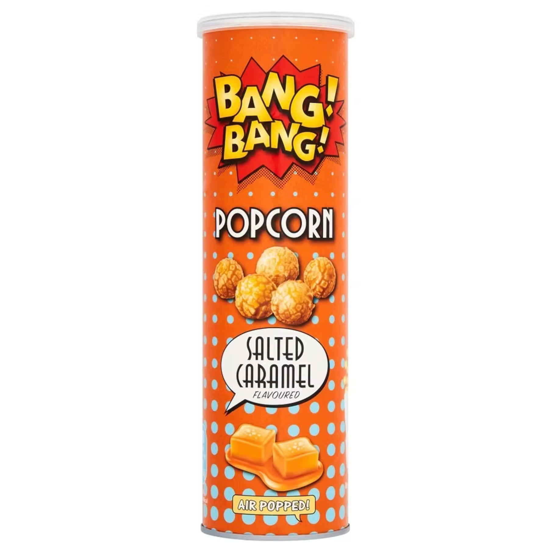 Can of Bang! Popcorn with salted caramel flavor on an orange background