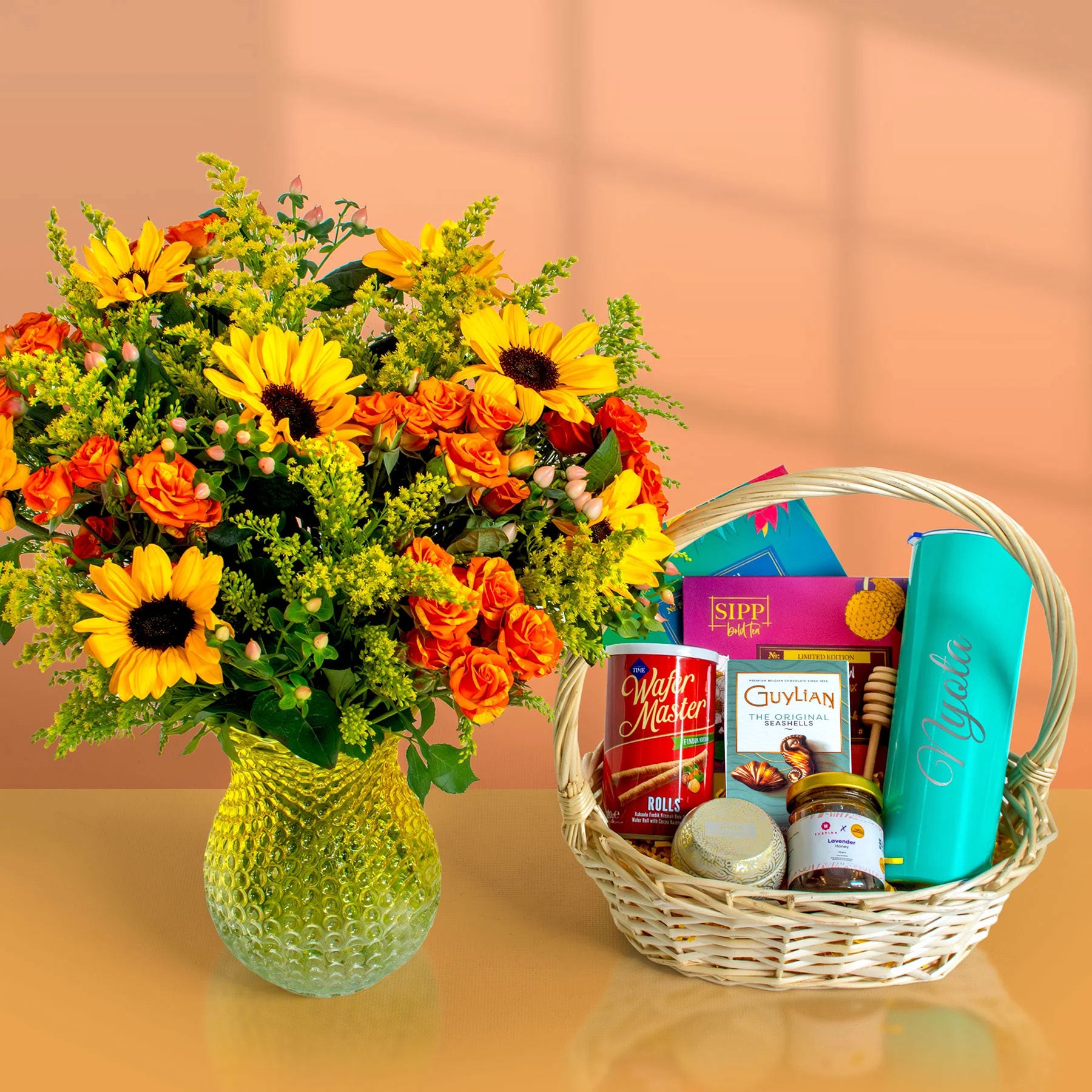 The Be Well Set – Wellness Hamper with Personalised Tumbler & Flowers