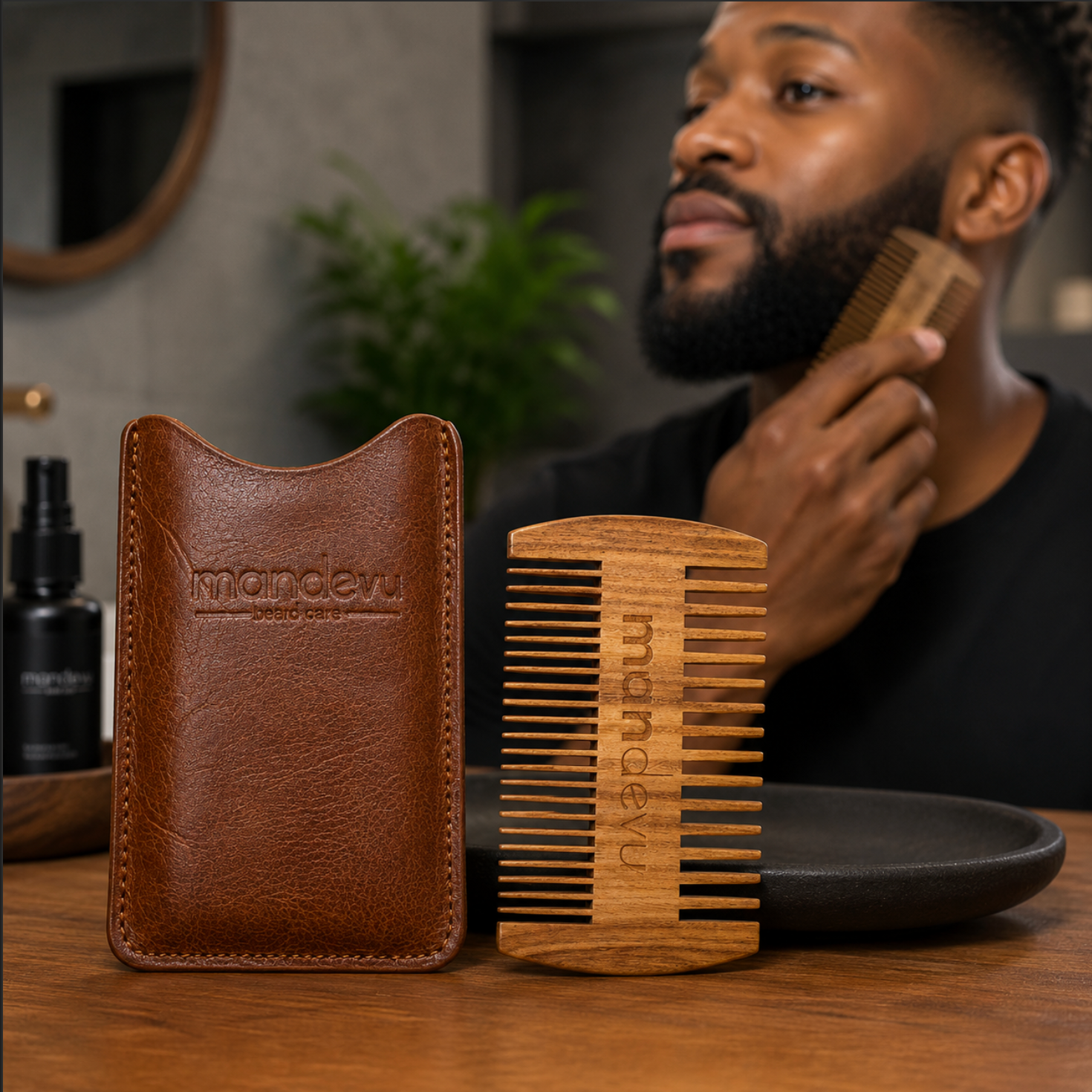Man grooming with a wooden comb and leather case on a table, with 'mancave' branding.