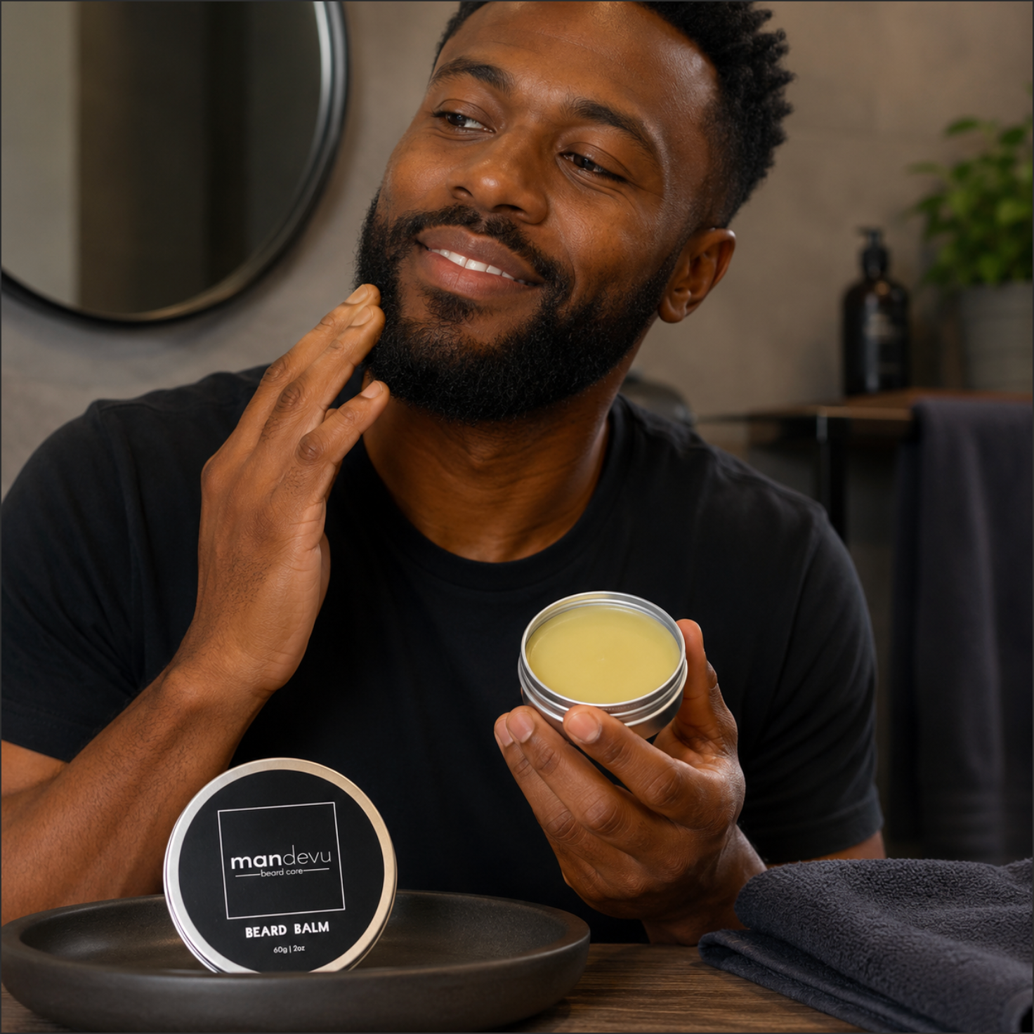 Man applying beard balm from a container with 'mandevu' branding.
